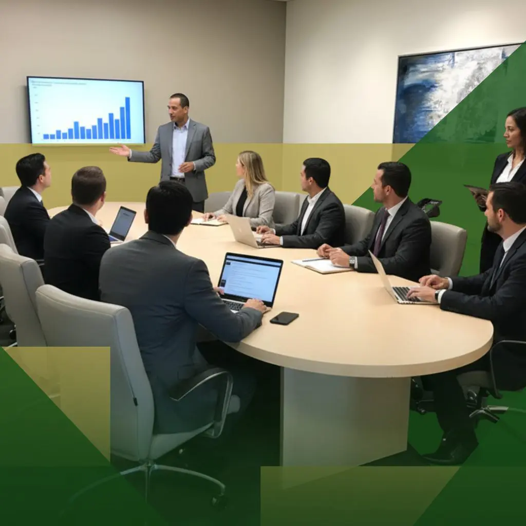 Barrister Suites Office Lease A man in a suit presents a bar graph on a screen to a group of colleagues seated around a conference table, all using laptops; a woman stands nearby with a tablet.