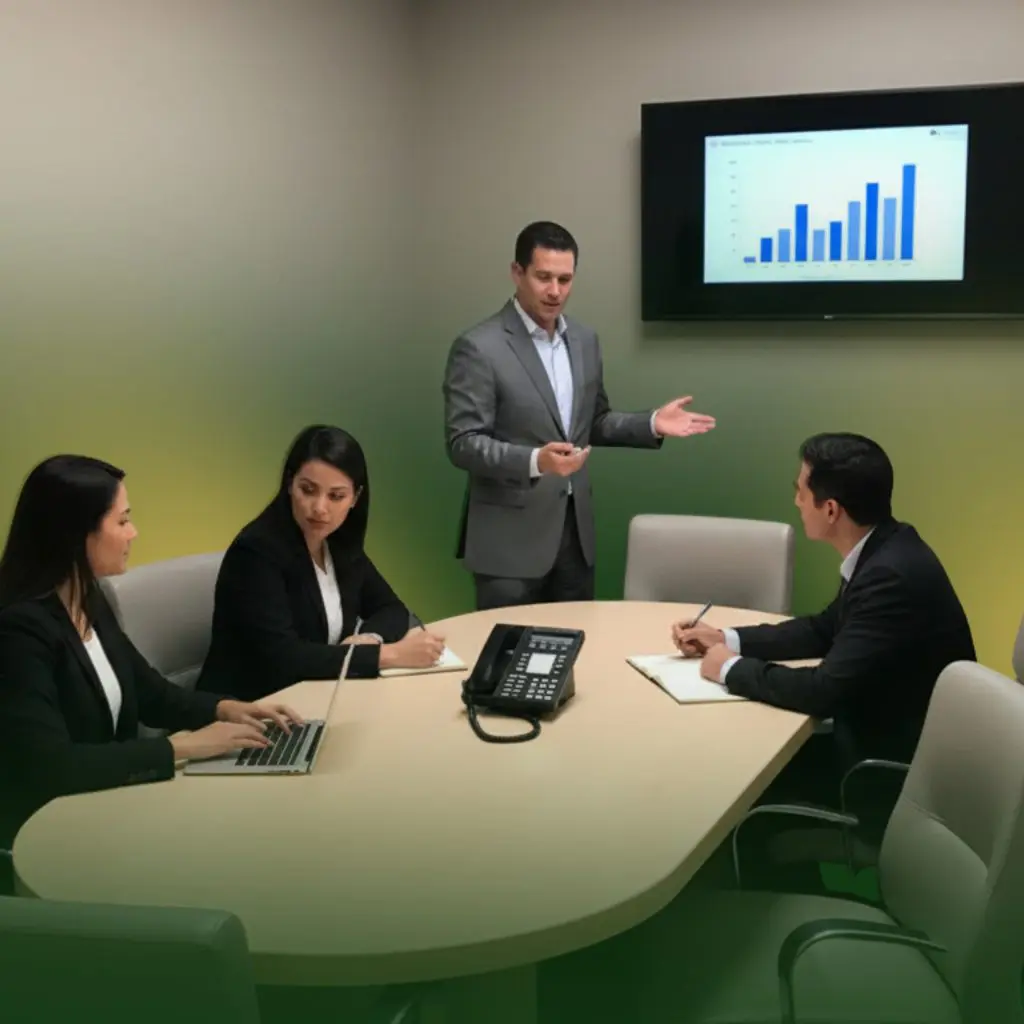 Barrister Suites Office Lease Four professionals in business attire have a meeting in a conference room. One man stands and gestures toward a screen displaying a bar graph, while three others sit at a table, taking notes and using a laptop.