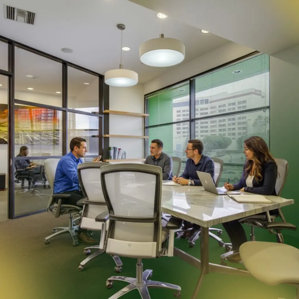 Barrister Suites Office Lease Four people sit around a conference table in a modern office meeting room, having a discussion. Large windows let in natural light and city buildings are visible outside. One person is talking while others listen.