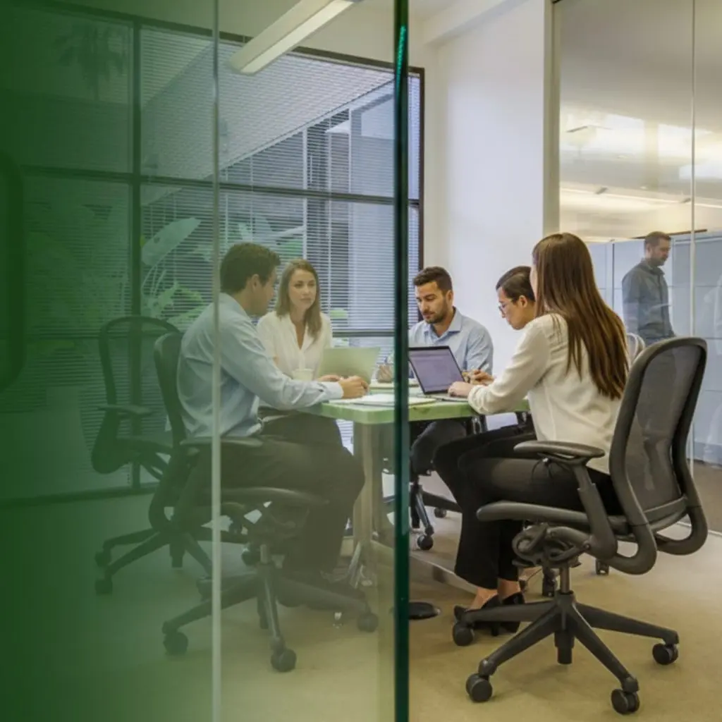 Barrister Suites Office Lease Five people sit around a table in a modern glass-walled office, engaged in a meeting with laptops and documents, while another person walks in the background.
