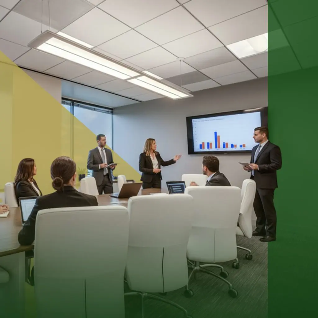 Barrister Suites Office Lease Business professionals in a modern conference room watch a presentation with charts on a screen. Three people stand and present, while others sit at the table with laptops. Green and yellow semi-transparent shapes overlay the image.
