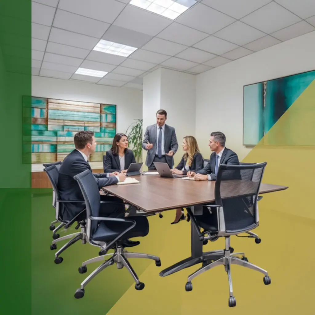 Barrister Suites Office Lease Five business professionals in formal attire sit and stand around a conference table in a modern office, engaged in discussion. Laptops are open, and abstract artwork decorates the walls.