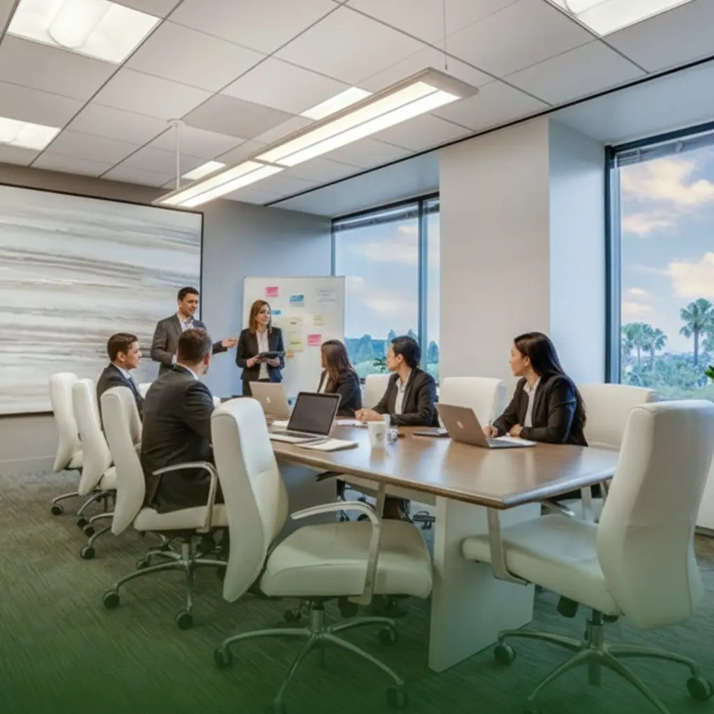 Barrister Suites Office Lease Seven people in business attire have a meeting in a modern conference room with large windows, white chairs, and laptops on the table. One woman stands, presenting to the group using a whiteboard with notes.