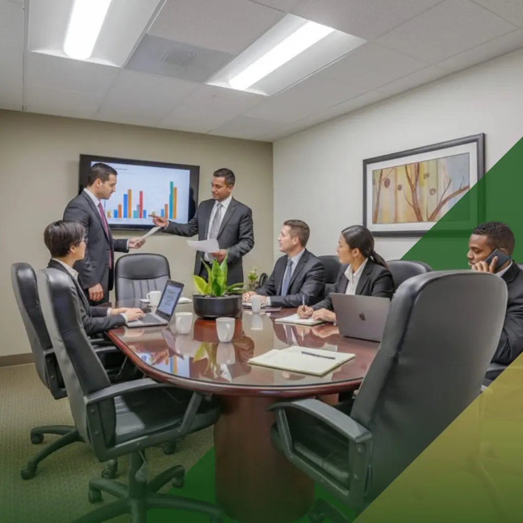 Barrister Suites Office Lease Six business professionals in suits are in a meeting room. Two people stand by a screen displaying a bar chart, while four others sit at a table with laptops and documents, engaged in discussion.