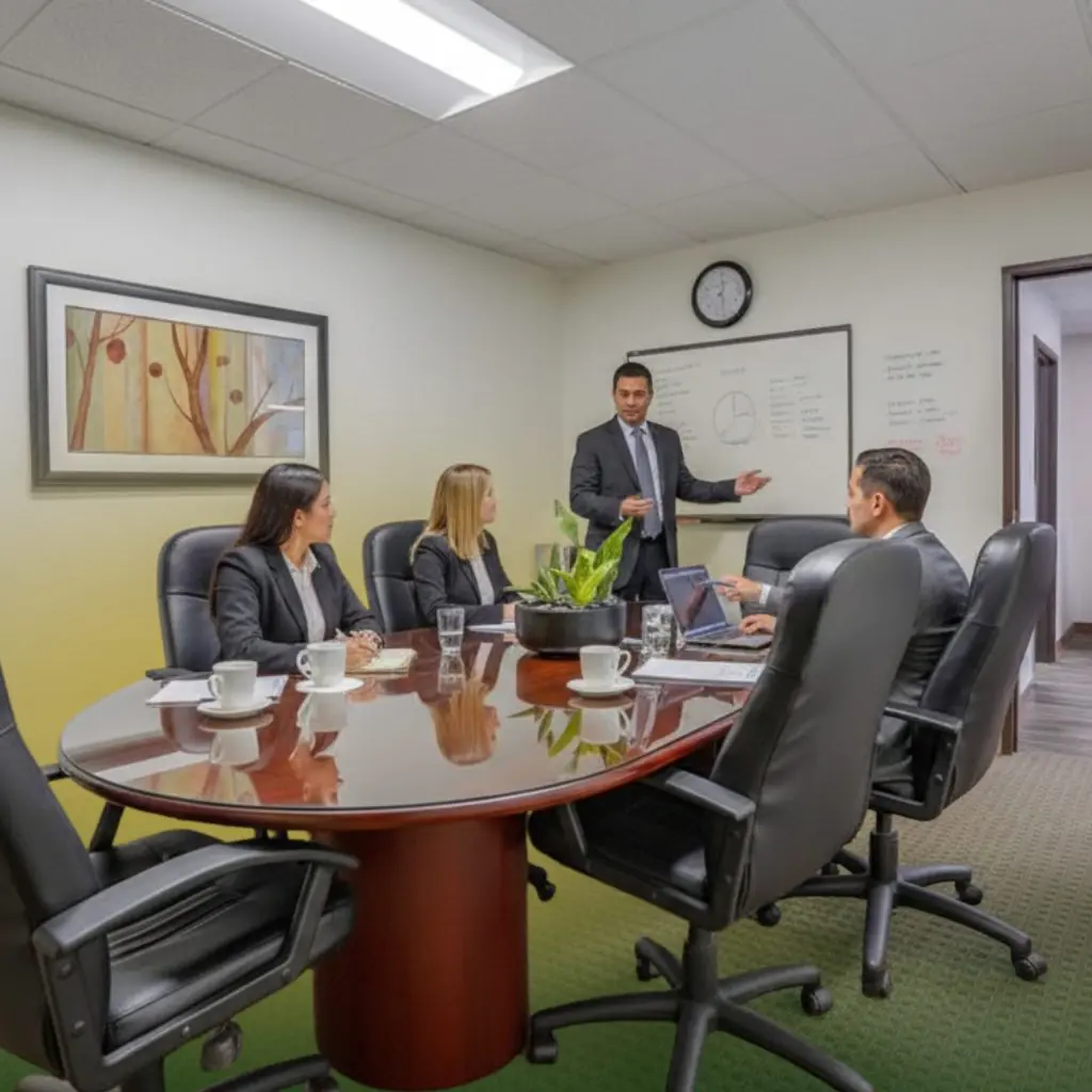 Barrister Suites Office Lease Four business professionals are seated around a conference table with coffee cups and laptops, while a man in a suit stands and presents information on a whiteboard in a modern office.