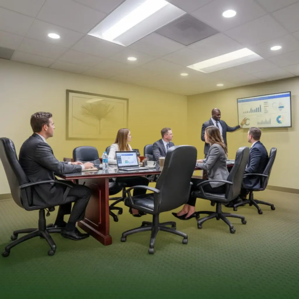 Barrister Suites Office Lease A group of five business professionals in formal attire sit around a conference table as one person stands and presents data on a wall-mounted screen in a modern meeting room.