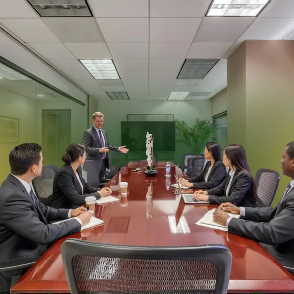 Barrister Suites Office Lease A group of six business professionals in suits are seated around a conference table, with one man standing and speaking, while others listen and take notes in a modern office meeting room.