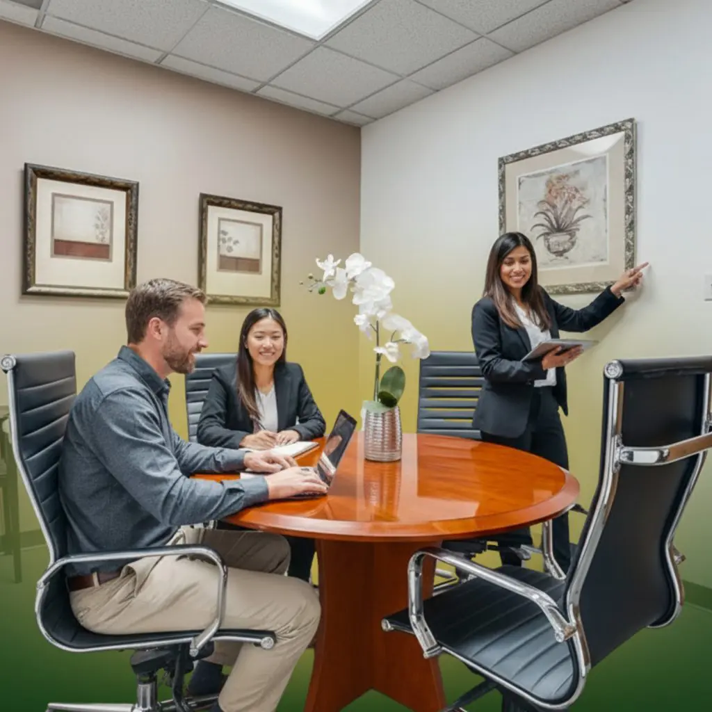 Barrister Suites Office Lease Three professionals in business attire have a meeting at a round table in a modern office. Two are seated with laptops while one stands by the wall, gesturing and holding a tablet. Framed art hangs on the wall behind them.