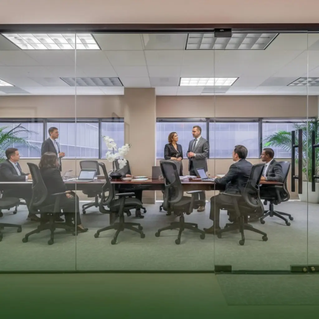 Barrister Suites Office Lease Seven people in business attire are having a meeting in a modern conference room with glass walls, large windows, office chairs, laptops, and plants in the background. Two people are standing while the rest are seated around the table.