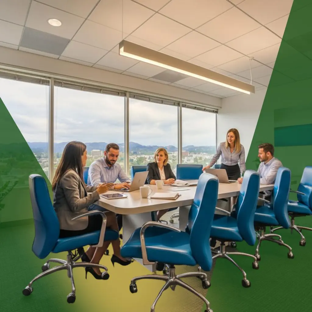 Barrister Suites Office Lease Five people in business attire are meeting in a modern conference room with large windows and blue chairs. They are engaged in discussion with laptops and papers on the table. Geometric green shapes overlay part of the image.