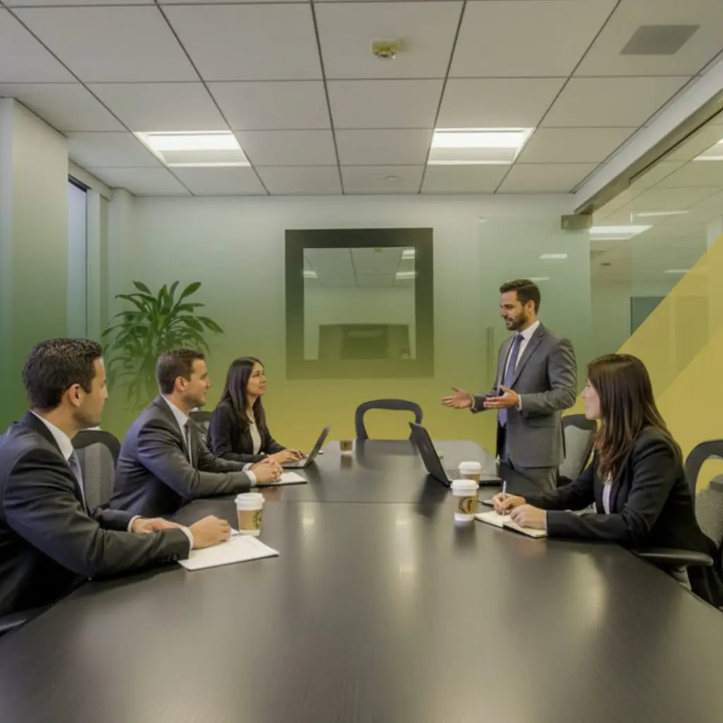 Business meeting in a conference room with a man in a suit standing and presenting to colleagues at a long table.