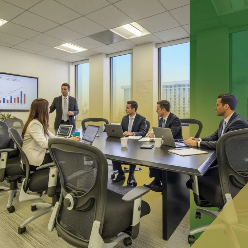 Barrister Suites Office Lease Five professionals in business attire are seated around a conference table with laptops, while one man stands presenting a chart on a screen in a modern office with large windows.