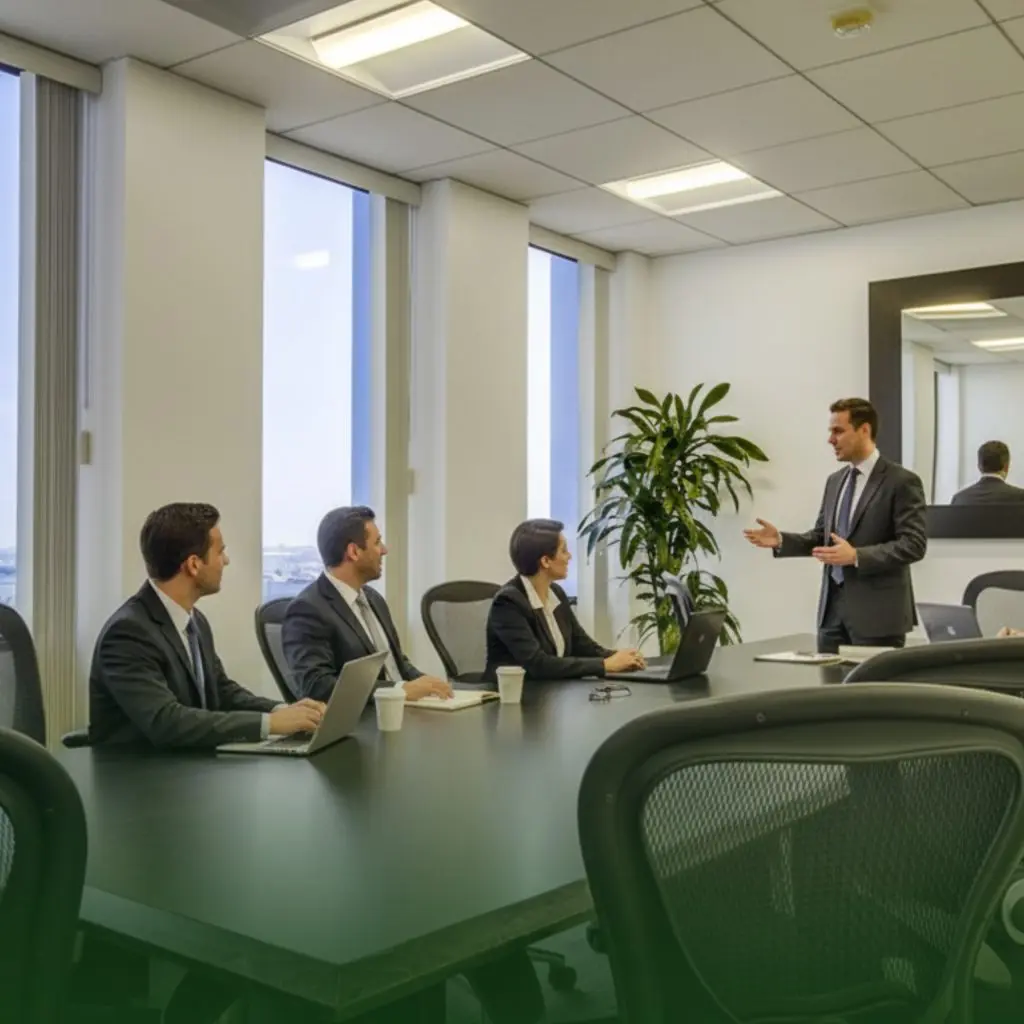 Barrister Suites Office Lease Four business professionals in suits sit at a conference table with laptops, listening to a colleague standing and speaking in a modern office with large windows and a potted plant.