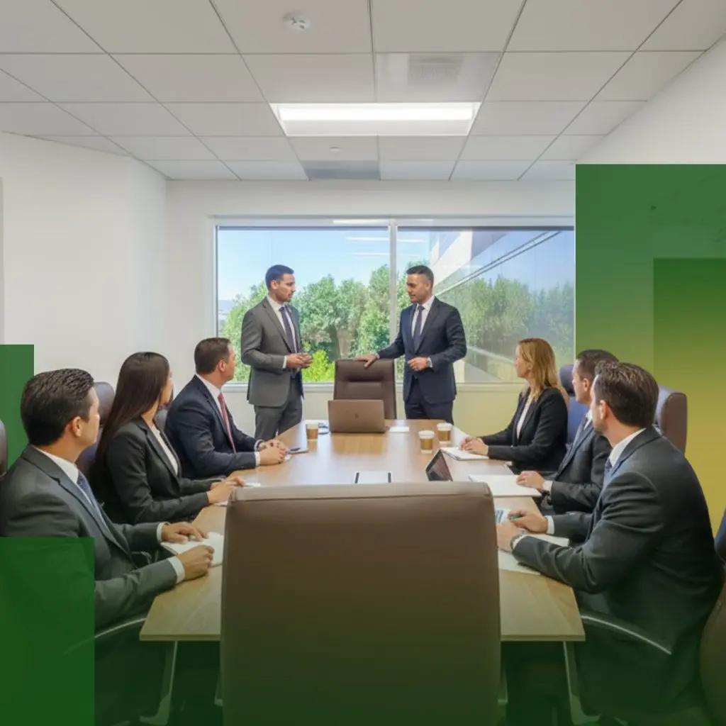 Barrister Suites Office Lease Eight people in business attire are seated around a conference table in a modern office, while two men stand and talk at the head of the table. Large windows show greenery outside. Green graphic accents are overlaid on the image.