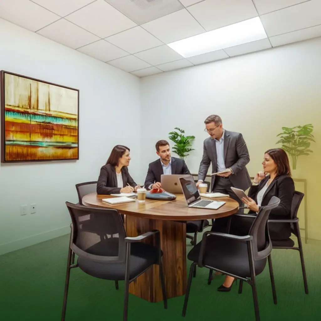 Barrister Suites Office Lease Four professionals in business attire sit around a round table in a modern office, working on laptops and discussing documents. There is abstract art on the wall and potted plants in the corners, creating a bright, collaborative setting.