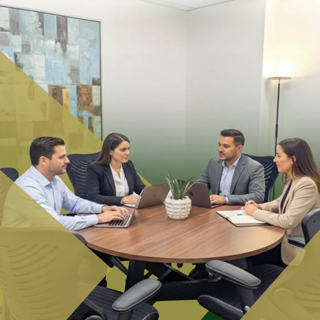 Barrister Suites Office Lease Four people in business attire sit around a round table in an office, having a meeting with laptops and notebooks. There is a plant in the center of the table and abstract art on the wall behind them.
