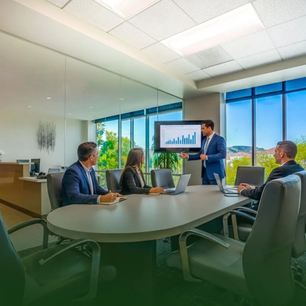 Barrister Suites Office Lease A man in a suit presents a bar chart on a screen to three colleagues seated at a conference table in a modern, sunlit office with large windows.