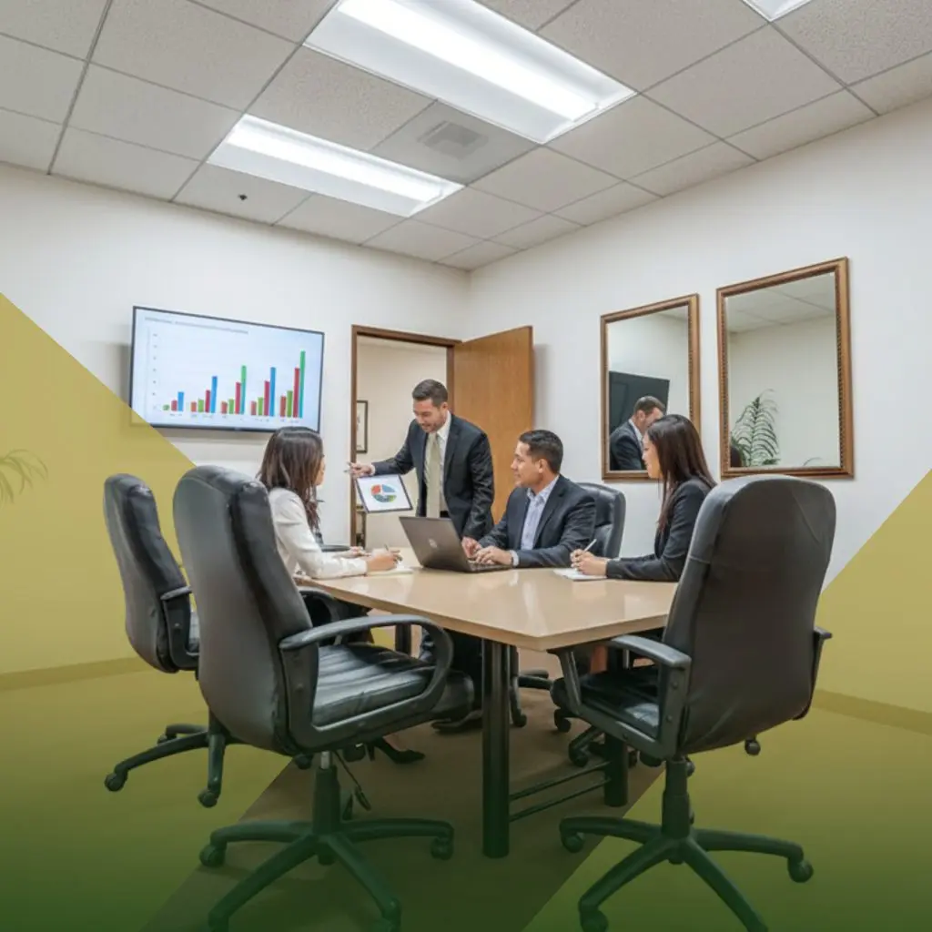 Barrister Suites Office Lease Four people in business attire sit around a conference table in an office, looking at a laptop and a screen displaying a bar chart. One man stands and points at the screen, leading the meeting.