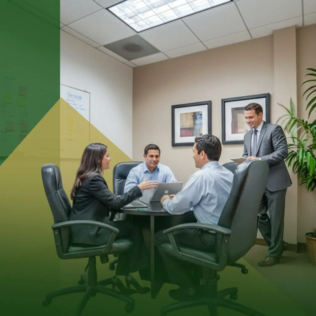 Barrister Suites Office Lease Four business professionals in formal attire sit around a conference table with laptops in a modern office, while a fifth person stands holding documents. Abstract green and yellow shapes overlay the images lower left corner.