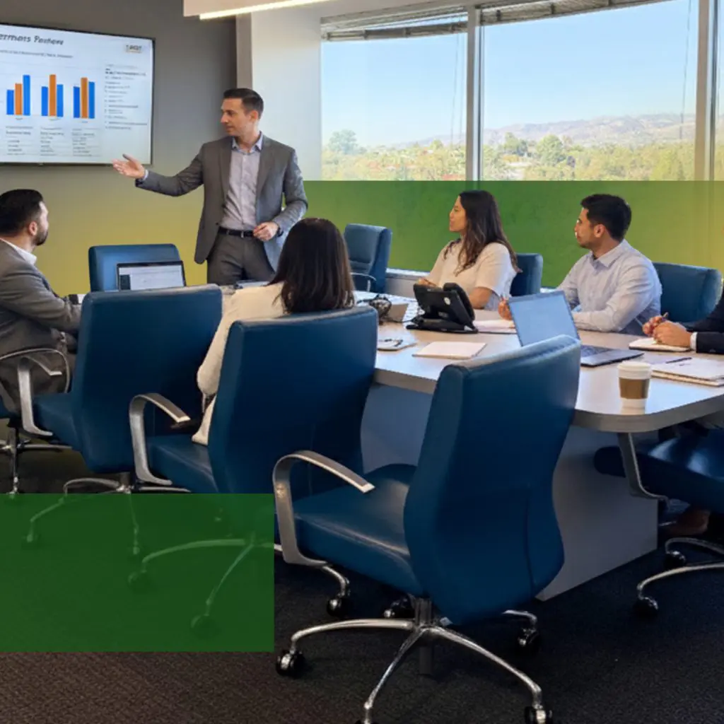 Barrister Suites Office Lease A man in a suit presents data on a screen to five colleagues seated around a conference table in a modern, bright office with large windows and mountain views.