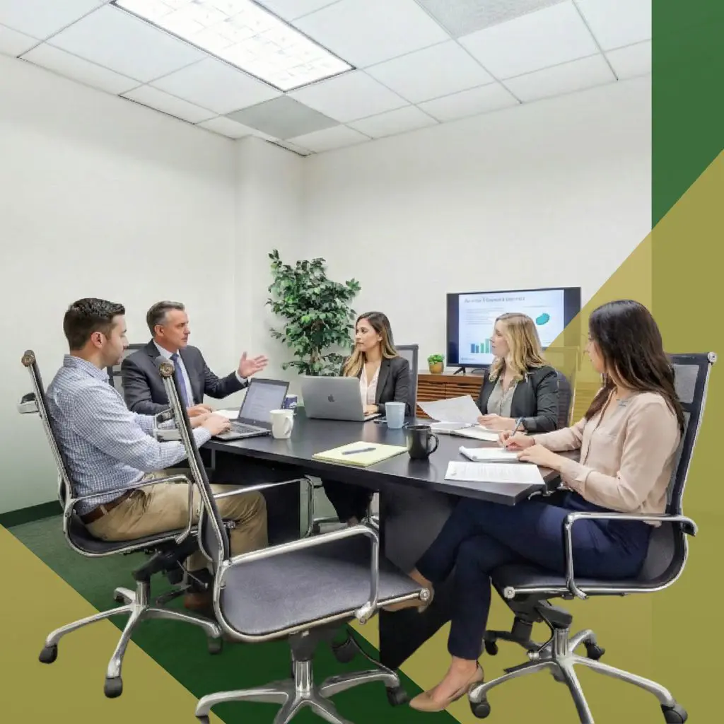 Barrister Suites Office Lease Five people in business attire sit around a conference table in a modern office, discussing documents and laptops. A presentation with charts is displayed on a screen in the background.