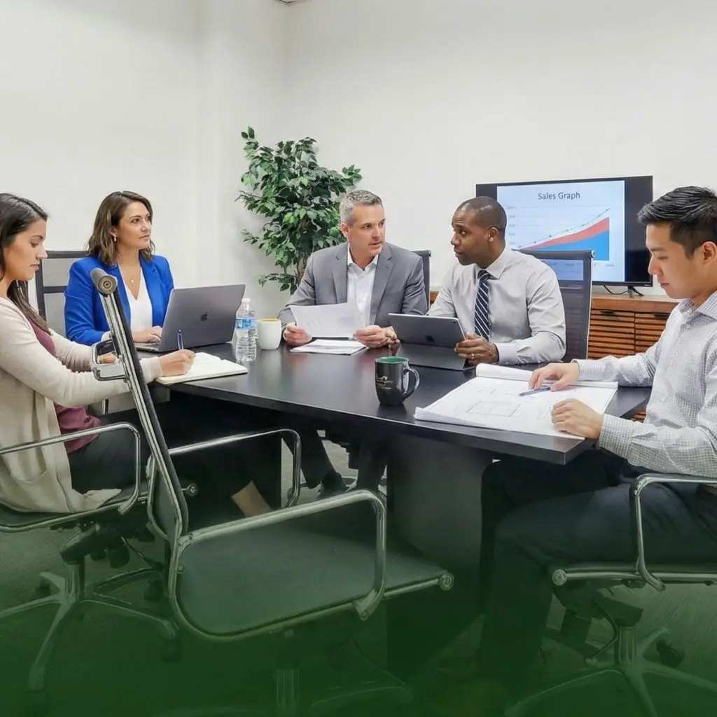 Barrister Suites Office Lease Five people sit around a conference table in a modern office, engaged in a business meeting. Laptops, papers, and coffee mugs are on the table; a screen in the background displays a sales graph.
