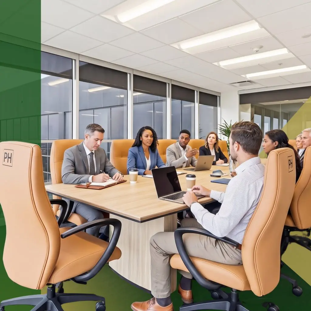 Barrister Suites Office Lease A diverse group of professionals in business attire sits around a modern conference table in a bright office, engaged in a meeting with laptops, notebooks, and coffee cups. Large windows let in natural light.