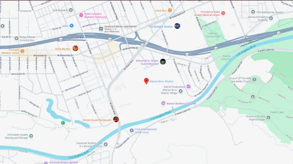 Barrister Suites Office Lease Map showing Warner Bros. Studios in Burbank, CA, with nearby landmarks, restaurants, rivers, highways, and streets labeled, including Riverside Dr, Olive Ave, and Universal Studios to the southwest.