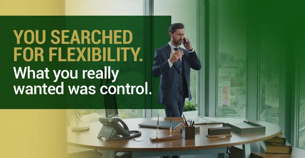 Barrister Suites Office Lease A man in a suit stands in a modern office talking on his phone. Text on the left reads: You searched for flexibility. What you really wanted was control. Large windows overlook a cityscape.