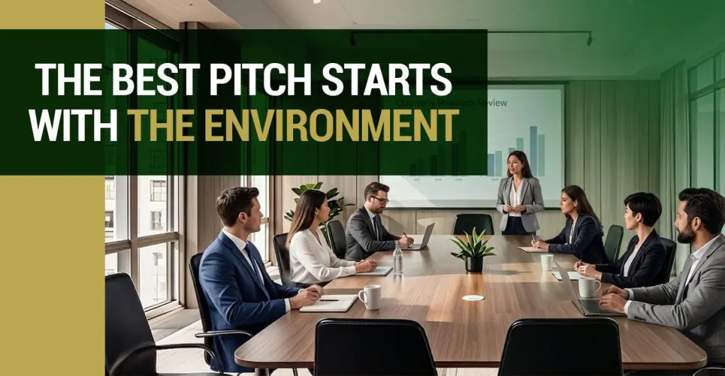Barrister Suites Office Lease A businesswoman presents to colleagues in a modern conference room with large windows. Text overlay reads, The best pitch starts with the environment. A bar chart is displayed on the screen behind her.