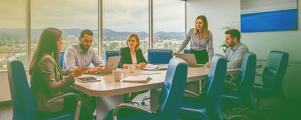 Barrister Suites Office Lease Five people in business attire have a meeting around a conference table in a modern office with large windows, cityscape views, laptops, and coffee cups visible.