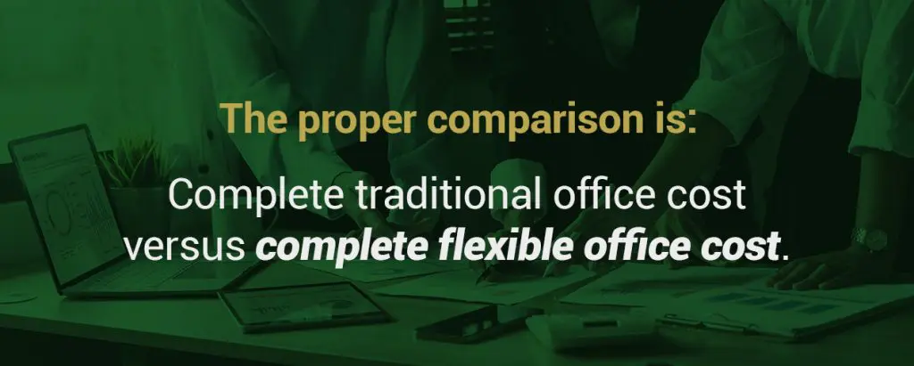 Barrister Suites Office Lease People working at a desk with laptops and documents, overlaid with the text: The proper comparison is: Complete traditional office cost versus complete flexible office cost..