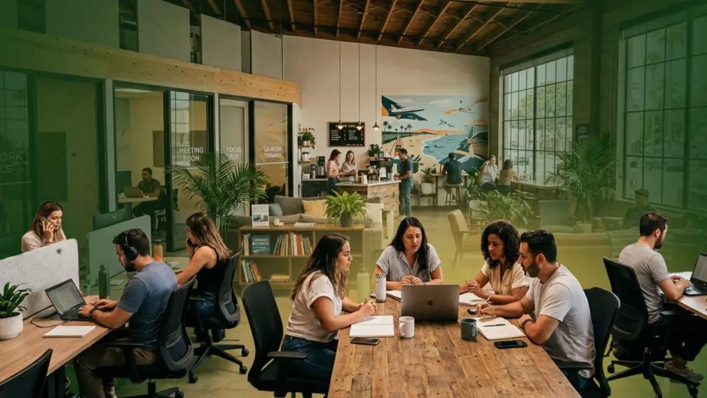 Barrister Suites Office Lease A busy modern coworking office with people working at desks, collaborating in groups, and using laptops. There are large windows, indoor plants, and a mural on the back wall. The atmosphere appears lively and productive.