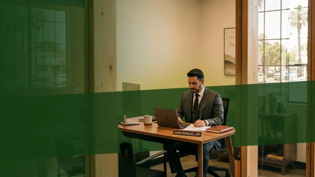 Professional man in a suit sits at a desk in a bright office, working on a laptop with papers and a mug nearby.