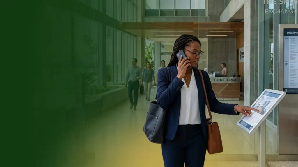 Barrister Suites Office Lease A woman in business attire talks on the phone while looking at an information screen in a modern office lobby with glass walls. People walk in the background near a concierge desk.