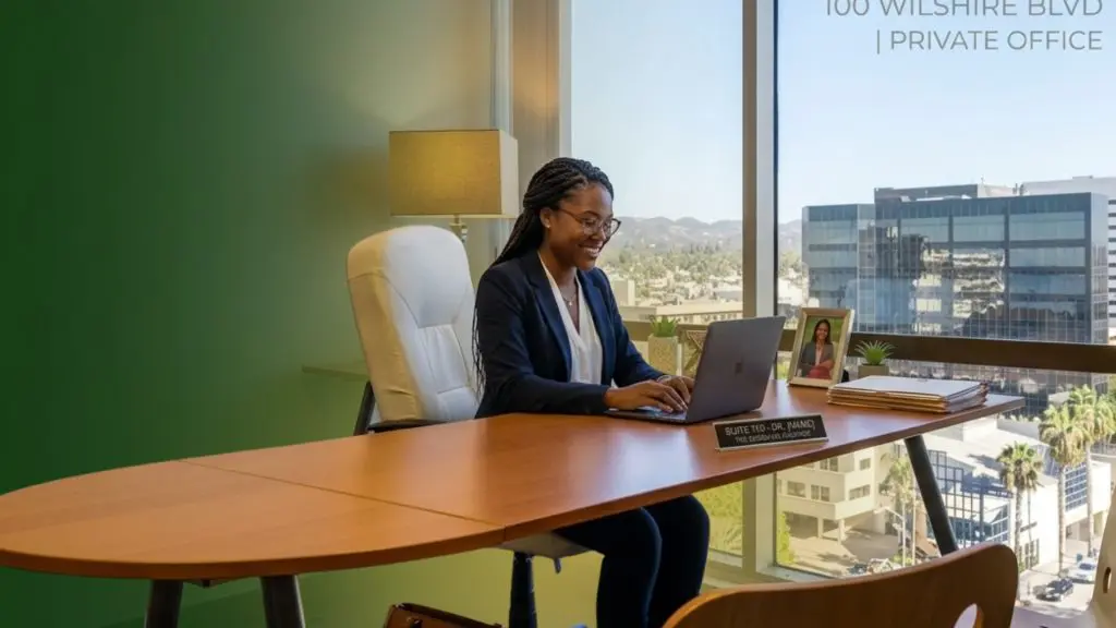 Barrister Suites Office Lease A woman smiles while working on a laptop at a large wooden desk in a modern office with a city view through large windows.
