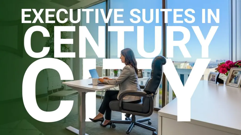 Barrister Suites Office Lease A woman works at a desk in a modern office with large windows and city views; text reads Executive Suites in Century City.