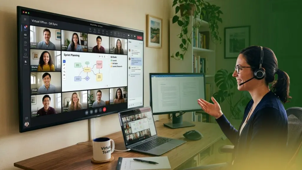 Barrister Suites Office Lease A woman wearing a headset participates in a virtual meeting on her computer, with a large screen displaying multiple video call participants, charts, and notes. She gestures while talking, with documents and a coffee cup on her desk.