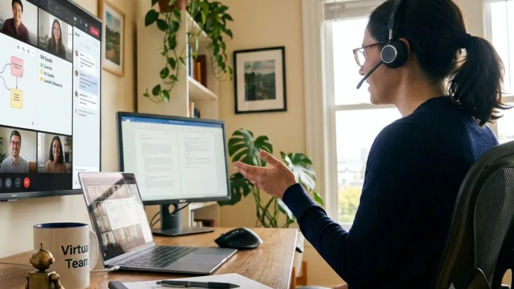 Barrister Suites Office Lease A woman wearing a headset participates in a video conference at her desk, with computer screens, a notebook, and a plant in the background. Multiple people are visible on a video call on her monitor.