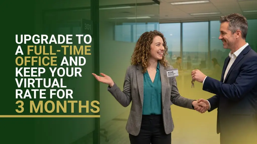 Barrister Suites Office Lease A man hands office keys to a smiling woman in business attire. Text reads: “Upgrade to a full-time office and keep your virtual rate for 3 months.”.