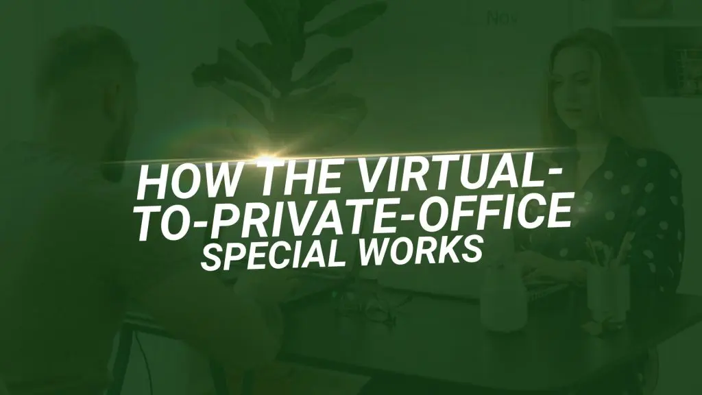 Barrister Suites Office Lease Two people sit at a dark table with laptops in an office. Text over the image reads: How the Virtual-to-Private-Office Special Works. A plant and wall calendar are visible in the background.