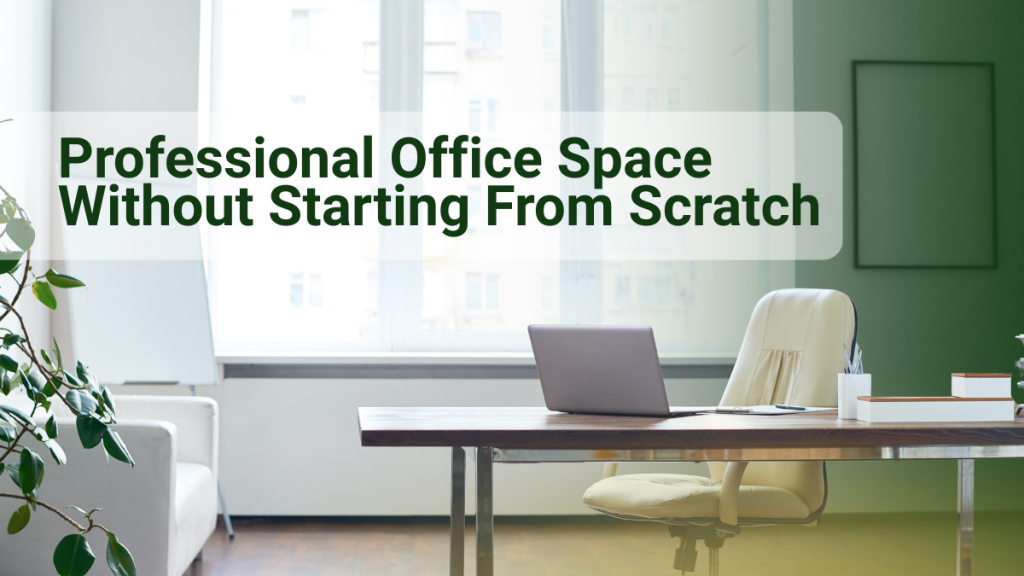 Barrister Suites Office Lease A modern office with a desk, laptop, and chair by large windows; overlaid text reads, Professional Office Space Without Starting From Scratch.