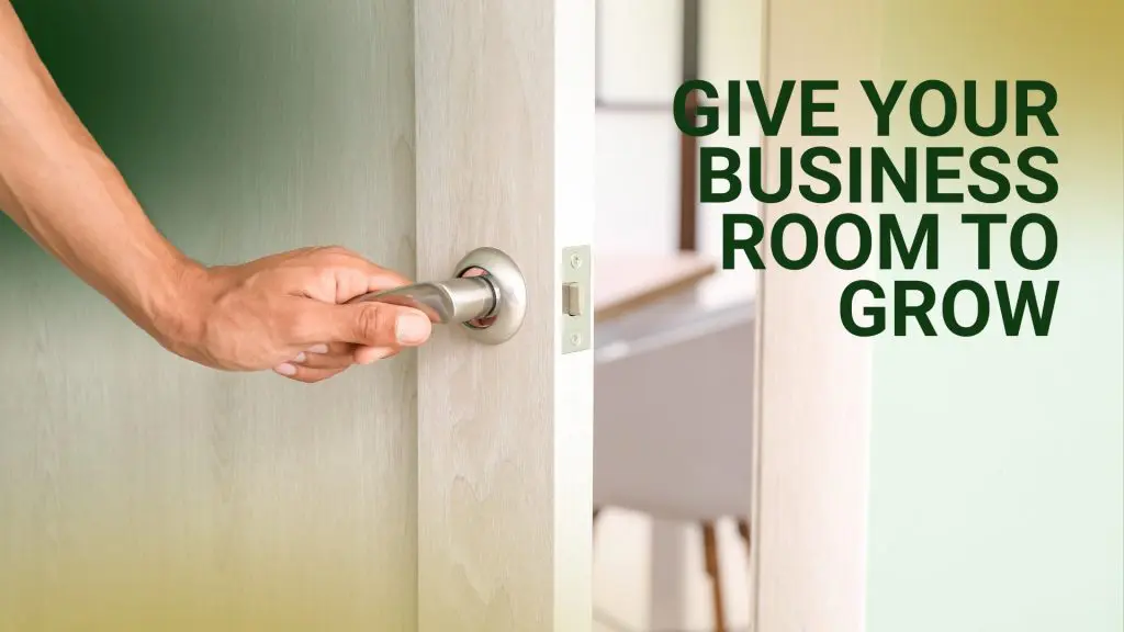 Barrister Suites Office Lease A hand opens a light-colored door, revealing a bright room. Green text on the right reads: GIVE YOUR BUSINESS ROOM TO GROW.