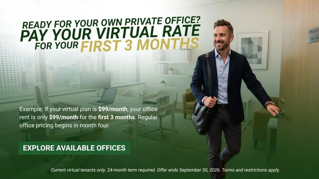 Barrister Suites Office Lease A smiling man in a suit stands in a modern office. Text offers discounted virtual office rates for the first 3 months, with details on eligibility and an “Explore Available Offices” button.
