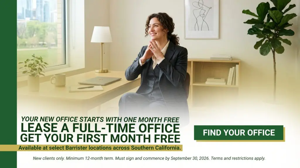 Barrister Suites Office Lease A smiling woman in a suit sits at a desk in a bright office. Text promotes leasing a full-time office with one month free at select Southern California locations. A green button reads Find Your Office.