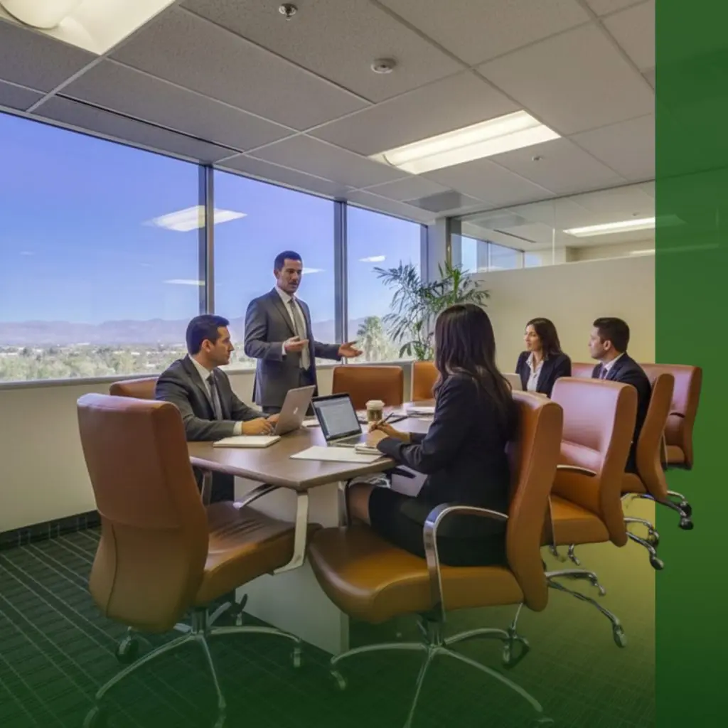 Barrister Suites Office Lease Five people in business attire sit and stand around a conference table in a modern office with large windows, laptops open and papers on the table, engaged in a meeting.