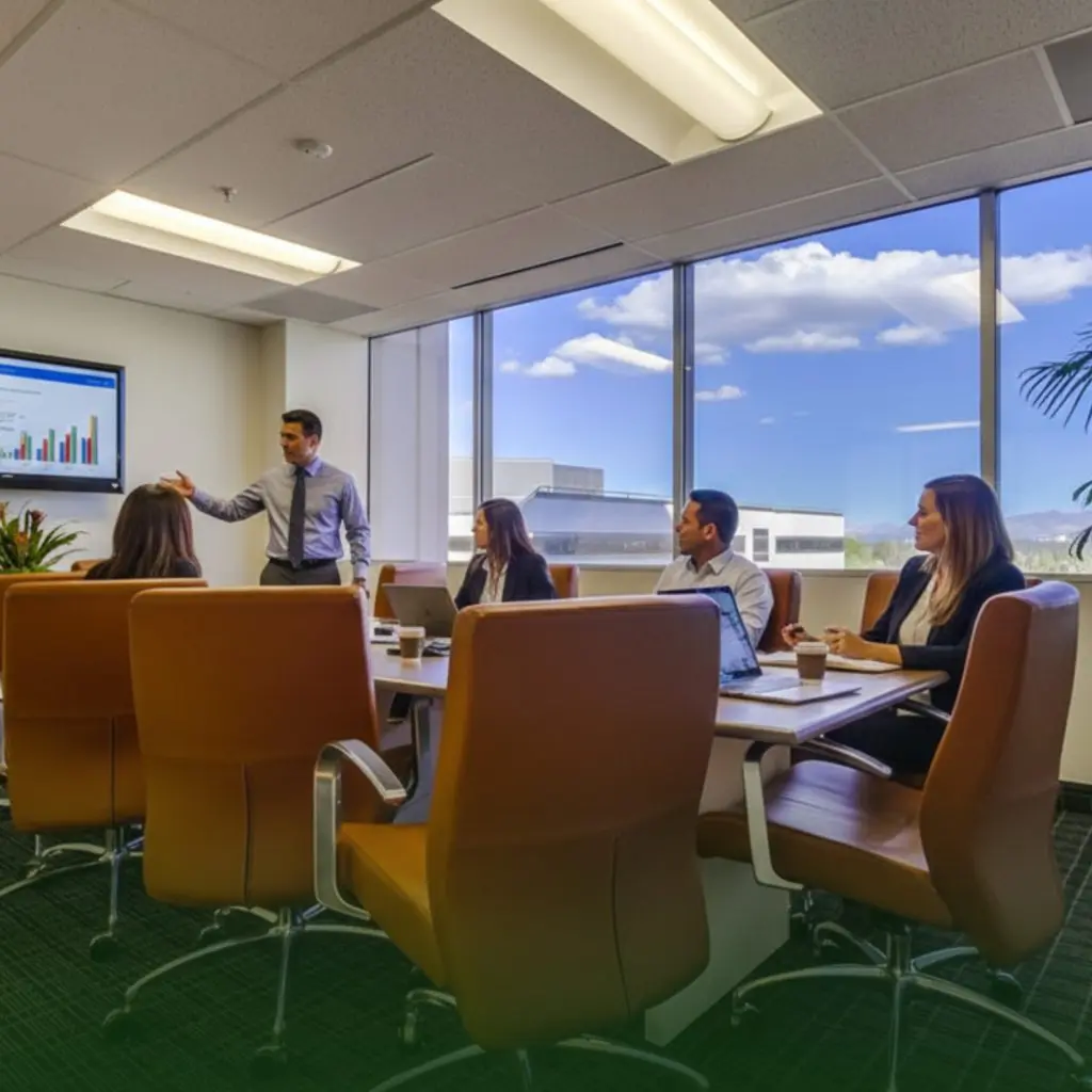 Barrister Suites Office Lease A man in business attire presents a chart on a screen to four colleagues seated around a conference table in a modern office with large windows and a view of blue sky and clouds outside.