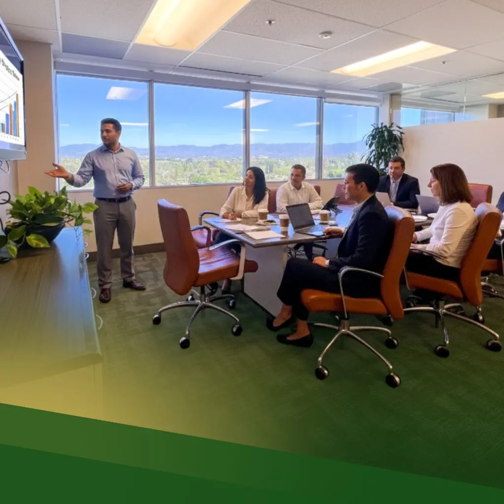 Barrister Suites Office Lease A man stands and presents a chart on a screen to five seated colleagues in a modern conference room with large windows, green carpeting, and office chairs.