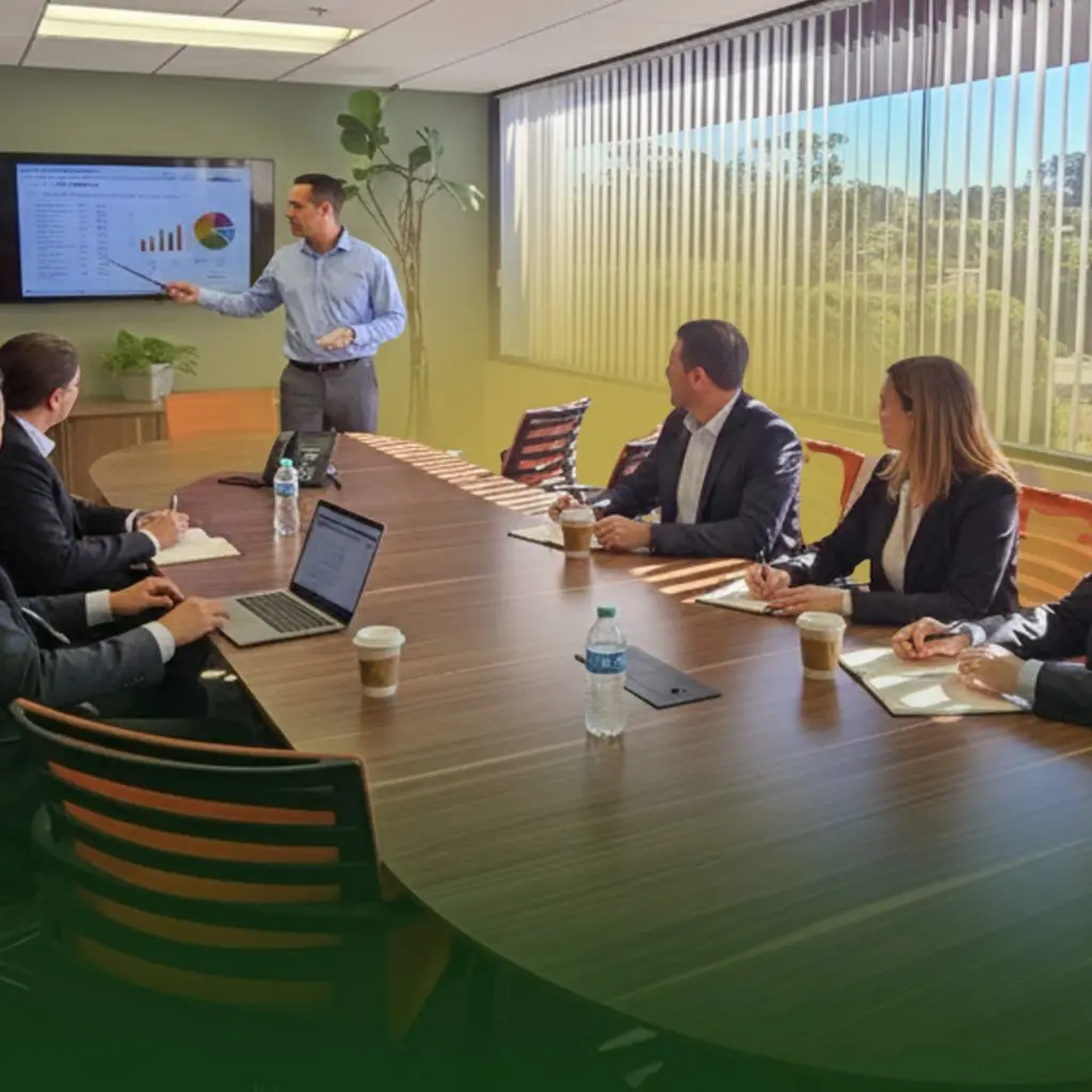 Barrister Suites Office Lease A man stands and points to a screen showing graphs and charts during a business meeting in a conference room. Four colleagues sit at a table with laptops, papers, coffee, and water bottles, listening attentively.