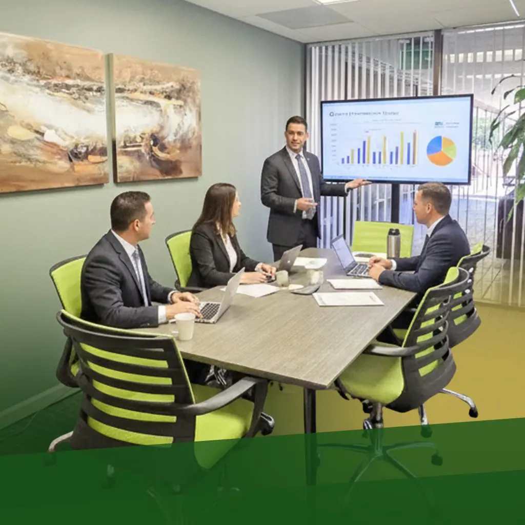 Barrister Suites Office Lease Four professionals in business attire sit around a conference table, listening to a man standing and presenting charts on a large screen in a modern, glass-walled office.